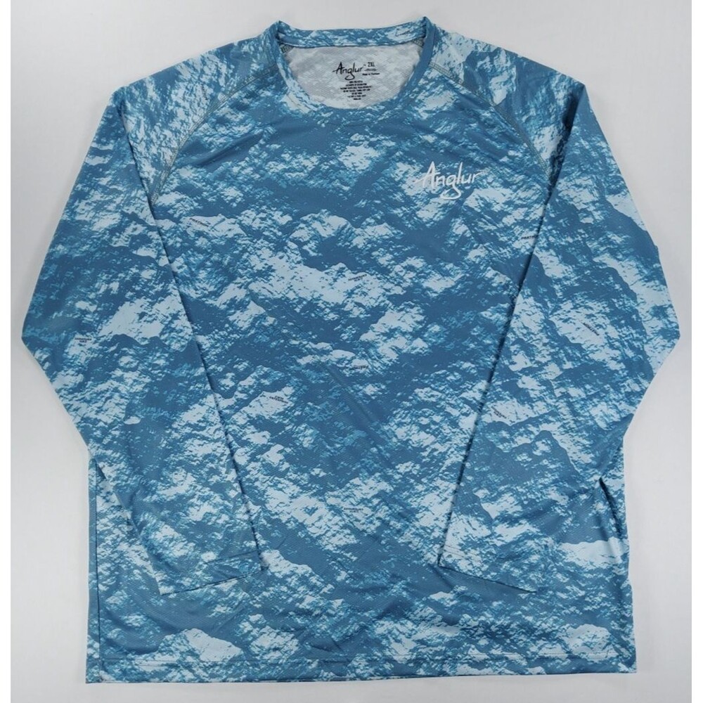 Anglur Mens 2XL Fishing Shirt Long Sleeve Blue Camo Performance Breathable Crew